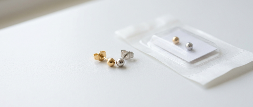 Sterile single-use equipment and hypoallergenic studs used for ear piercing