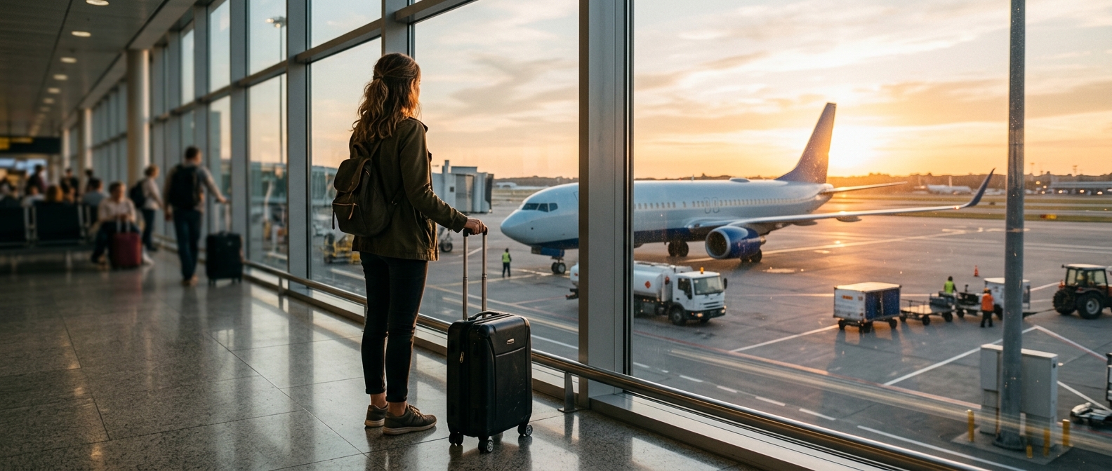 Traveller at airport departures — book your yellow fever vaccination in Bromley at least ten days before flying